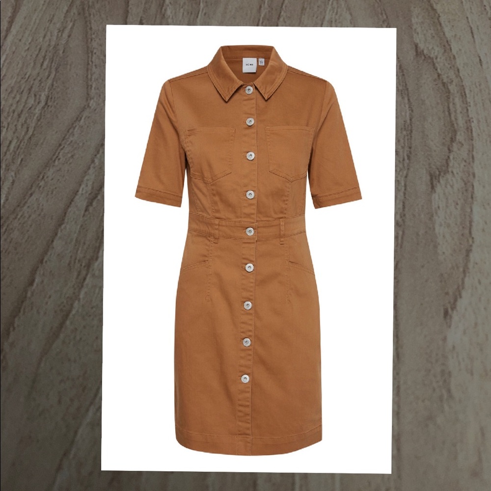 Smart Button Dress ICHI tan mustard brown